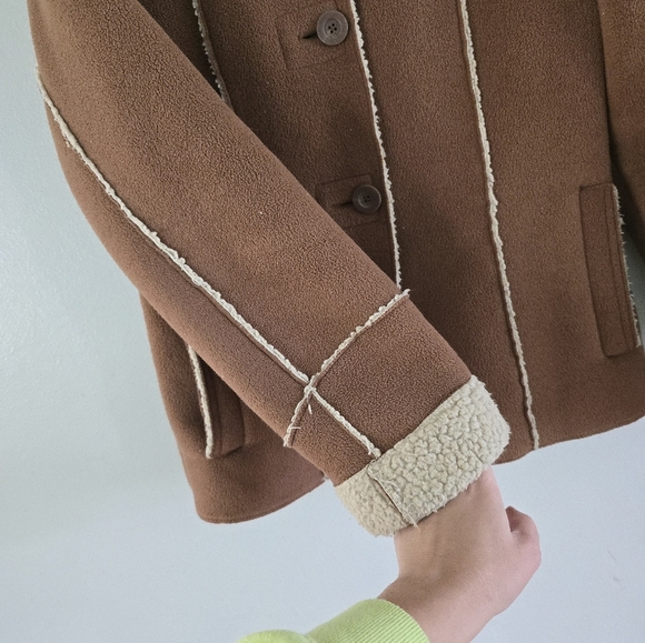 Old Navy Y2K Coat Tan Faux Suede Sherpa Shearling Lined Outdoor Jacket  M Vtg - Picture 7 of 13